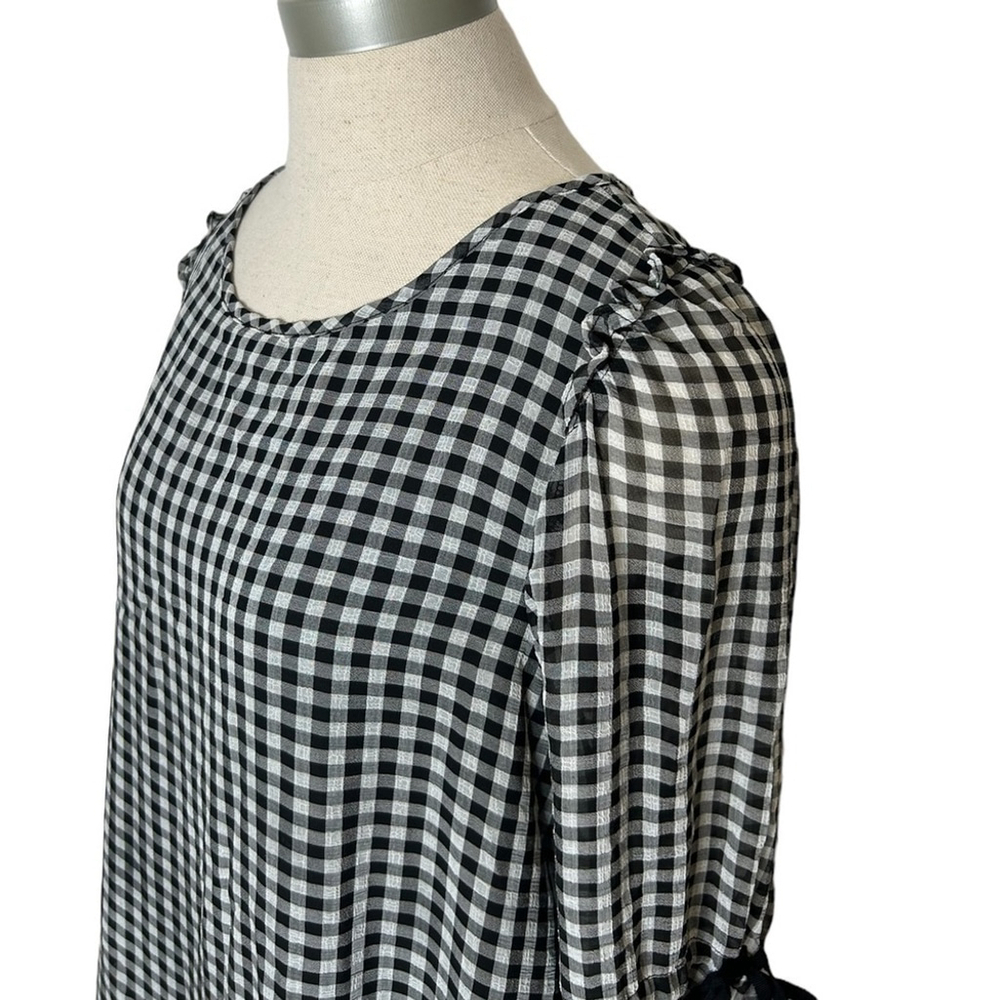 Max Studio Gingham Black White Plaid Long Sleeve Ruffle Tie Sleeve Blouse - Picture 14 of 16